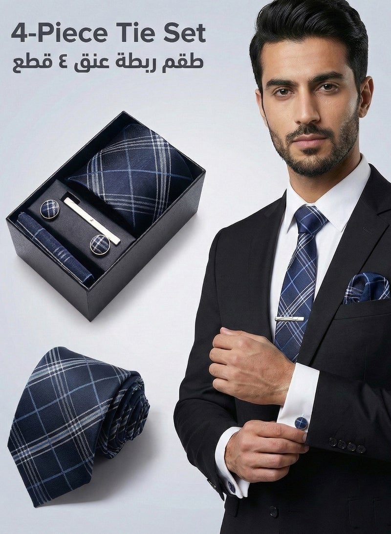 FIORICASA 4-PIECE Men's Necktie Gift Set - Navy Blue Plaid Check Tie with Matching Pocket Square, Cufflinks and Tie Clip - Sophisticated Formal Business Suit Box - Image 1